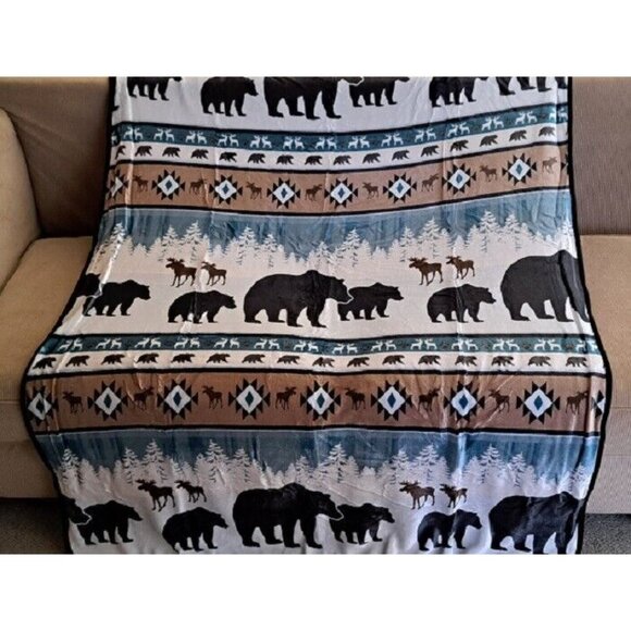 New Teal Lodge Plush Fleece Throw Gift Blanket Sherpa Rustic Cabin Moose Bear - Picture 2 of 5
